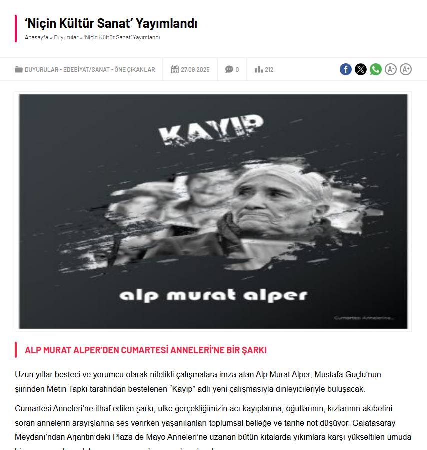 Yazı Atölyesi — Cumartesi Anneleri'ne bir şarkı — Kayıp duyurusu